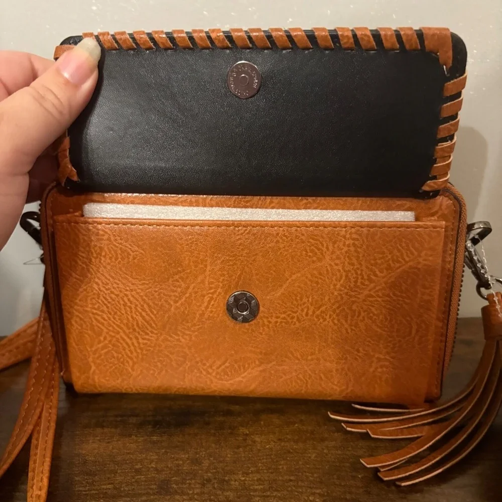 Sam & Hadley Cognac Brown‎ Vegan Leather Embroidered Beaded Crossbody Bag